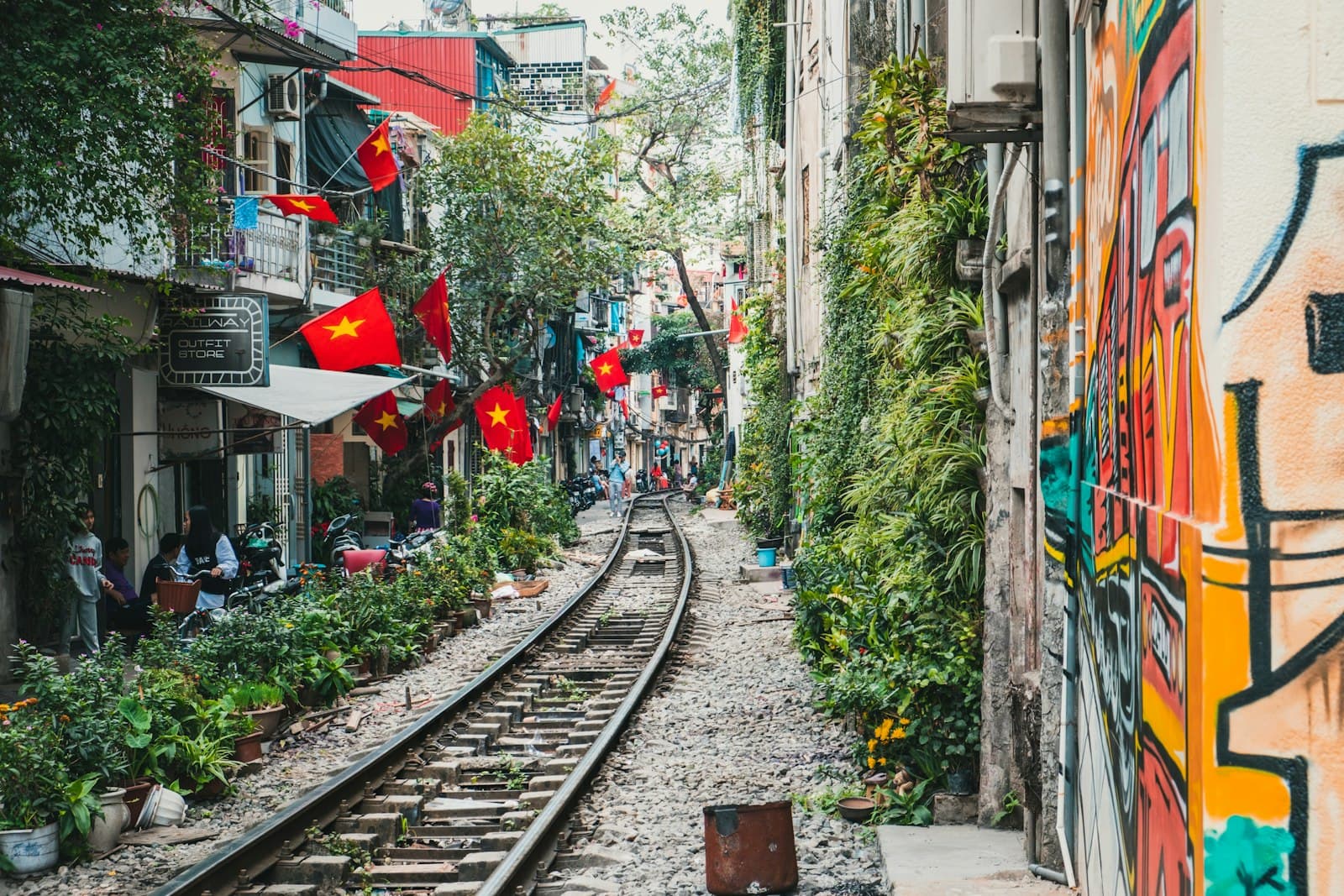 Colourful houses along the train street in Hanoi