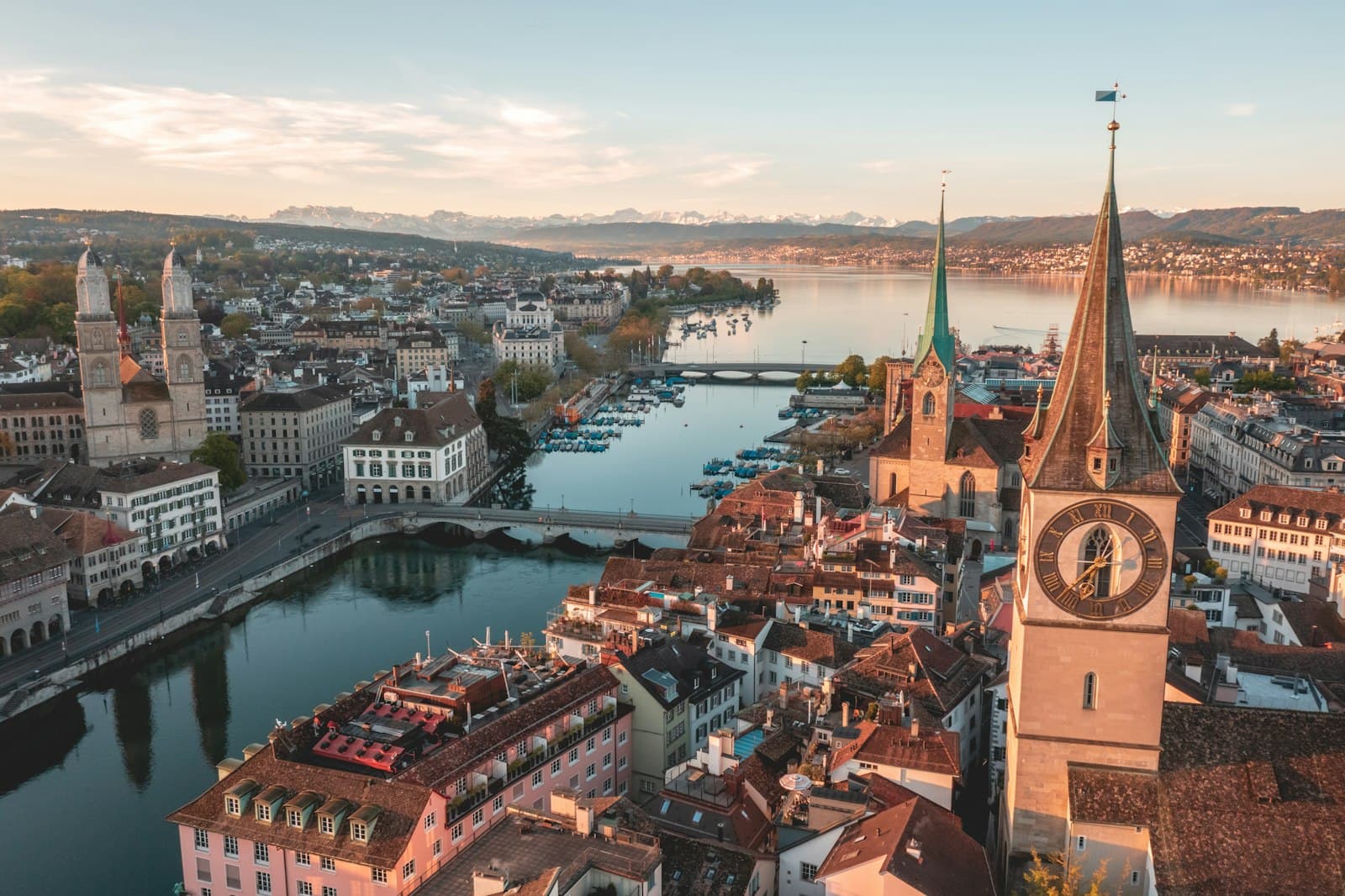 Aerial view of Zurich’s old town and the Limmat river at sunset