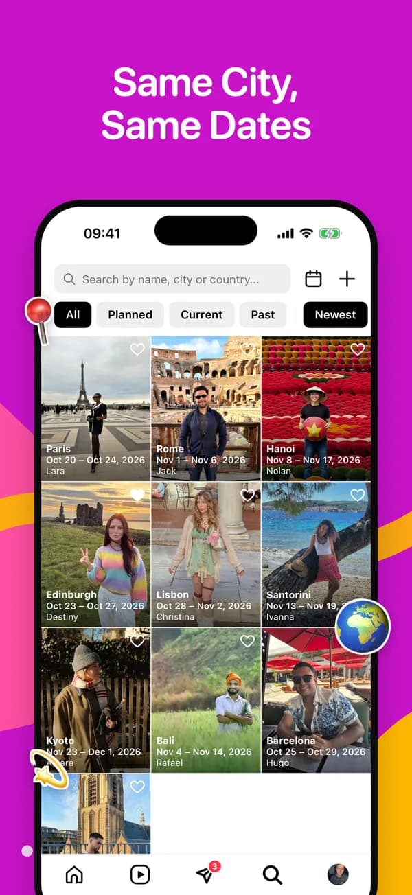 Explore Trips grid filtered by city and dates